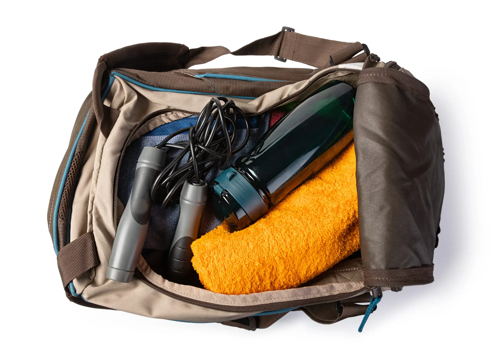 Sports bag with sports equipment Isolated on white background