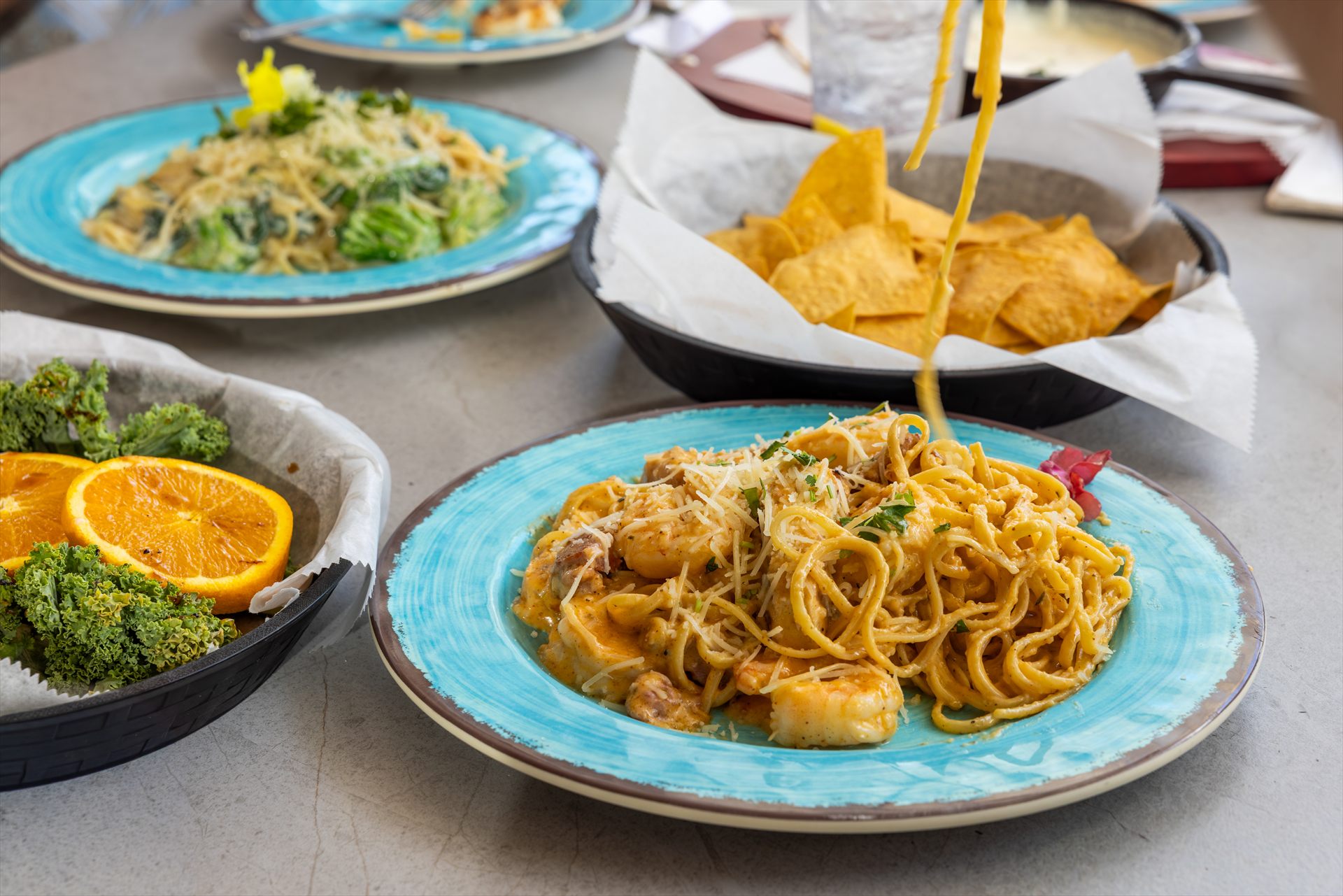 Creamy seafood pasta served at Flip Flops